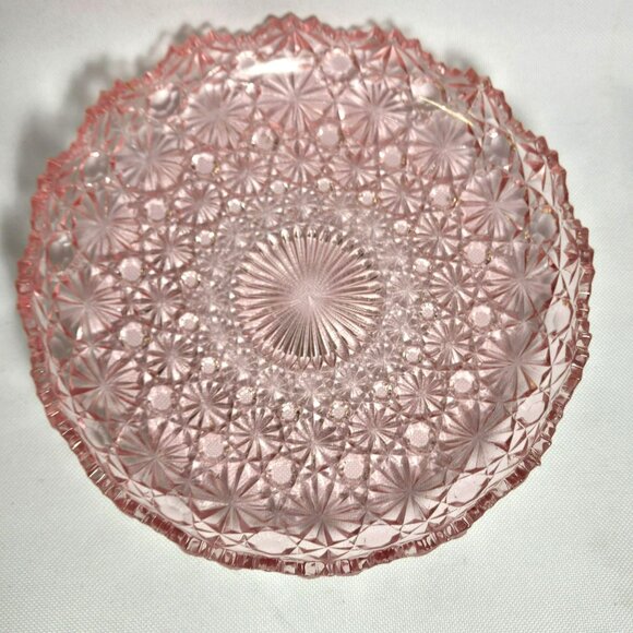 Vintage MCM Pink Daisy & Button Pressed Glass Plate Trinket Dish 7.5" Round - Picture 2 of 7